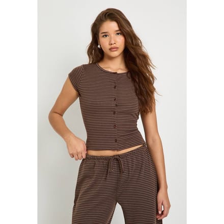boohoo Dames Gestreepte knop door capmouwtop | Chocoladebruin | Maat: 40