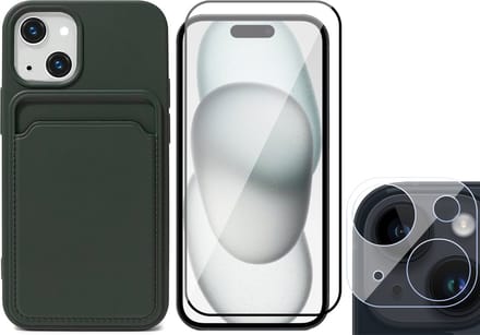 Hoesje Pasjeshouder geschikt voor iPhone 15 Plus - Screenprotector FullGuard + Camera Lens Screen Protector - Siliconen Case Back Cover Groen