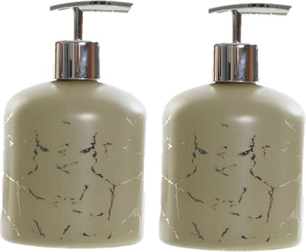 Items Zeeppompje/dispenser - 2x - glas - khaki groen - 350 ml - 14 cm - navulbaar - keuken/badkamer/toilet