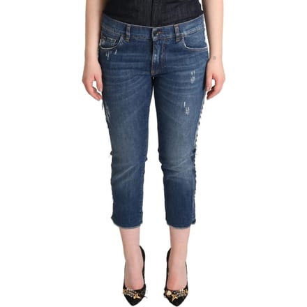 Dolce & Gabbana Blauwe Gewassen Midden Taille Denim Logo Cropped Dames Jeans