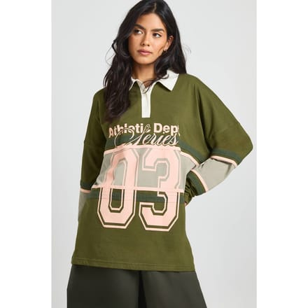 boohoo Dames Varsity Grafische Voorkant Contrast Rugby Top | Olijf | Maat: 36
