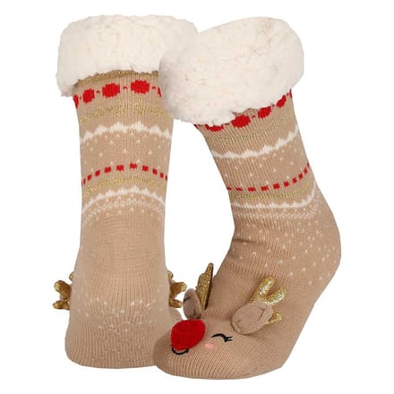 Kerst huissokken - Dames - 3D - Beige