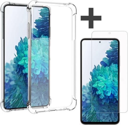 Samsung Galaxy S20 FE Hoesje transparant anti shock backcover + Samsung Galaxy S20 FE Screenprotector gehard glas tempered glass