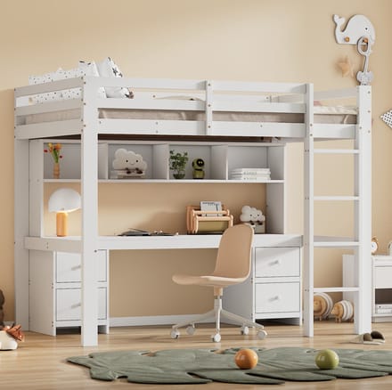 COVREO Hoogslaper 90x200 cm wit, hout en MDF met bureau en opbergruimte