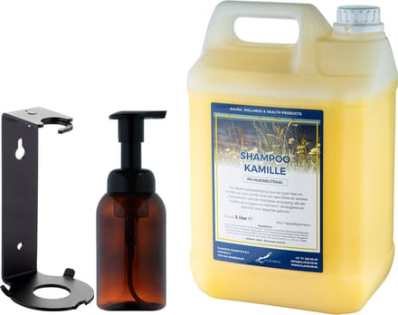 Zeepdispenser 300 ml amber bruin hervulbaar + 5 liter Shampoo Kamille navulling (inclusief beugel)