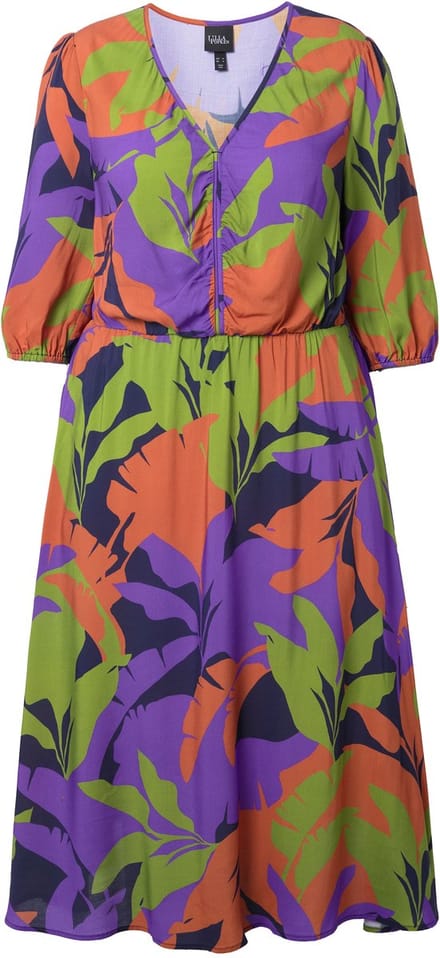 Ulla Popken - Dames - Midi-jurk bladeren A-lijn V-hals 3/4-mouwen - Marine - Maat 42