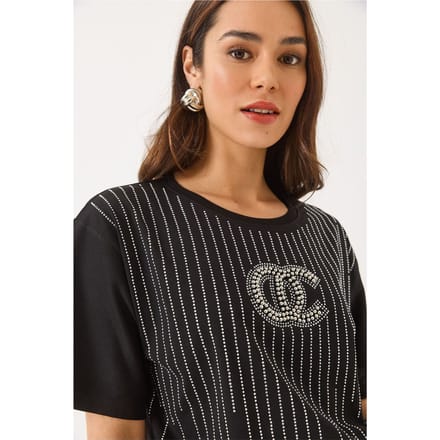 Geborduurd Gestreept T-shirt met Ronde Hals