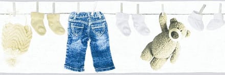 WASLIJN MET BABYSPULLETJES BEHANGRAND | Kinderkamer - blauw creme wit - A.S. Création Only Borders