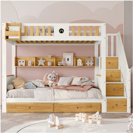 Stapelbed - 90x200 cm - Wit + Naturel - 2 lades - Geïntegreerde opbergtrap wit