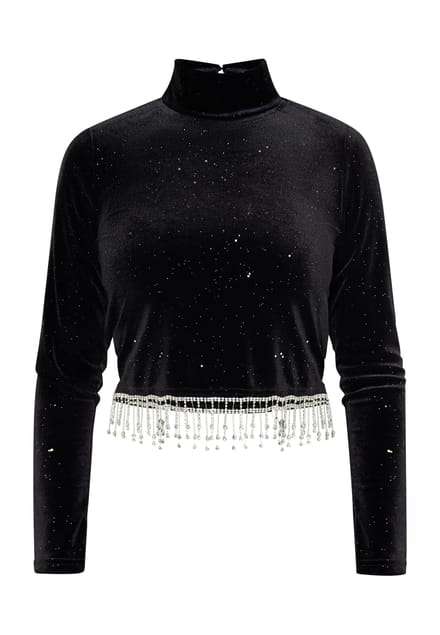 Faina Glittershirt van stretchfluweel Dames zwart