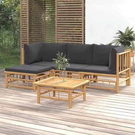 vidaXL - 5-delige - Loungeset - met - kussens - bamboe - donkergrijs