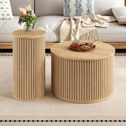 Salontafel / Bijzettafel – Dubbele Ronde Woonkamertafel met Natuurlijke Houten Latten – Multifunctioneel Design – MDF/Houtlook – Voor Woonkamer