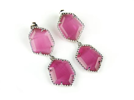 Zilveren oorringen oorbellen Model Hexagon met roze stenen