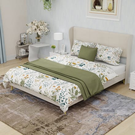 MODFU - Bedframe 140x200 cm – Gestoffeerd met zacht hoofdbord – Modern design – Beige