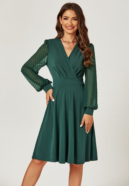 Lange geplooide midi-jurk met chiffonmouwen in donkergroen