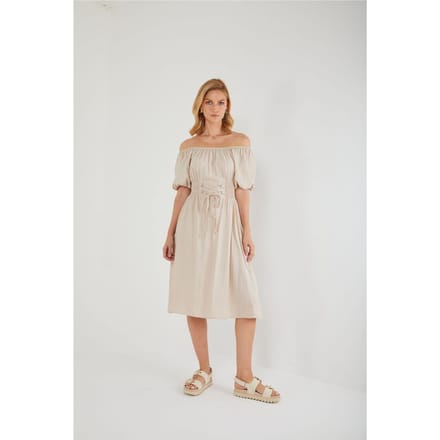 Off-Shoulder Puff Sleeve Midi-jurk met Vetersluiting in de Taille