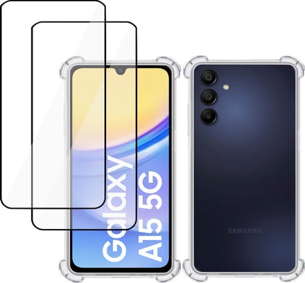 Hoesje + 2x Screenprotector geschikt voor Samsung Galaxy A15 – Full Screen Tempered Glass - Extreme Shock Case Transparant