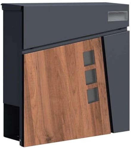 Moderne houten brievenbus met krantenvak - Groot wandmodel in antraciet