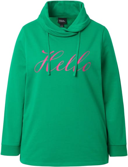 Ulla Popken - Dames - Sweatshirt classic fit HELLO opstaande kraag - Smaragdgroen - Maat 46+