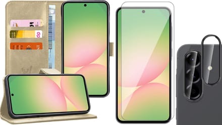 Hoesje geschikt voor Samsung Galaxy A56 / A36 - Screenprotector Glas & Camera - Portemonnee Book Case Goud