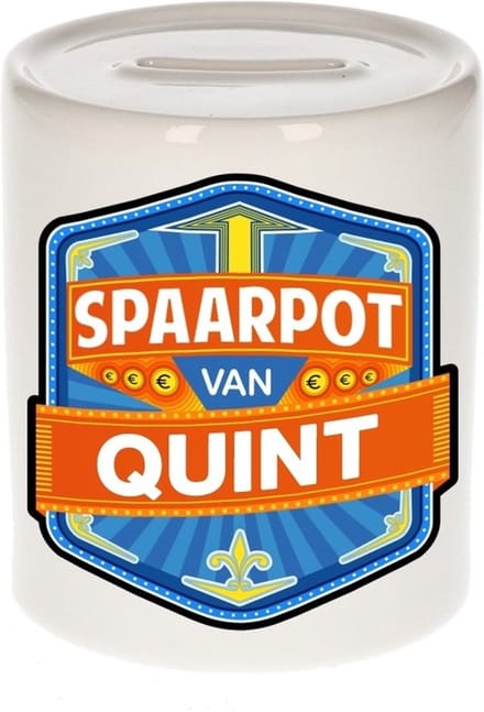 Bellatio Decorations Kinder spaarpot met naam - Quint - keramiek - met dop - wit - Sparen - Spaargeld van Quint