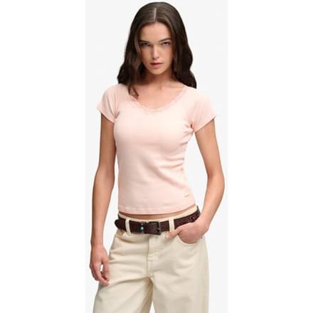 Dames-T-shirt met V-hals Superdry Ess Lace Trim