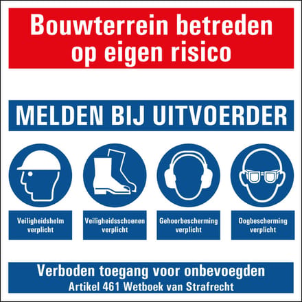 Bouwterrein melden bij uitvoerder sticker 150 x 150 mm
