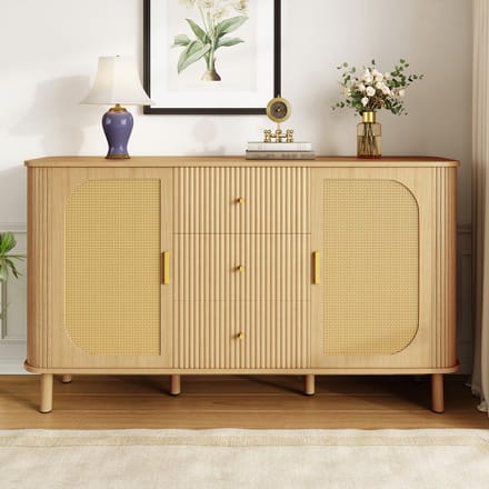 MODFU - Sideboard - Gebogen Ontwerp En Rattan Deuren - Modern - Voor Woonkamer - MDF - Naturel - 140 x 40 x 80 cm