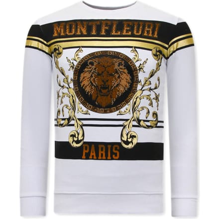 Heren Sweater met Print - Leeuw Strass - 3767 - Wit