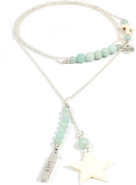 Heaven Eleven - dames Ketting - zilverkleurig plating - amazoniet kralen - wit hertegewei ster