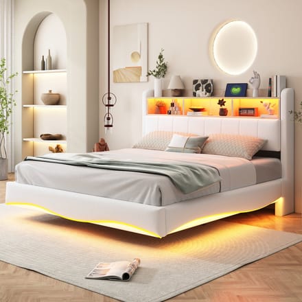 Sweiko Gestoffeerd bed - 160*200cm - LED-verlichting - Laderpoort - Linnen - Beige