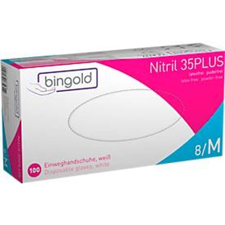 Beschermende handschoenen BINGOLD Nitrile 35PLUS, wegwerp, microtextured vingertoppen, poedervrij, nitril, wit, maat M, 100 stuks