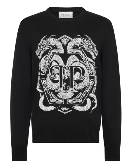 Embroidered Merino Wool Round Neck Pullover Hexagon Dragon