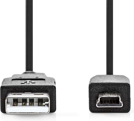 USB-Kabel - USB 2.0 - USB-A Male - USB Mini-B 5-Pins Male - 480 Mbps - Vernikkeld - 1.00 m - Rond - PVC - Zwart - Polybag