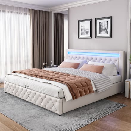 REDOM Opbergbed 180x200 cm – PU – Hydraulisch – LED-hoofdbord – Wit – 220 kg