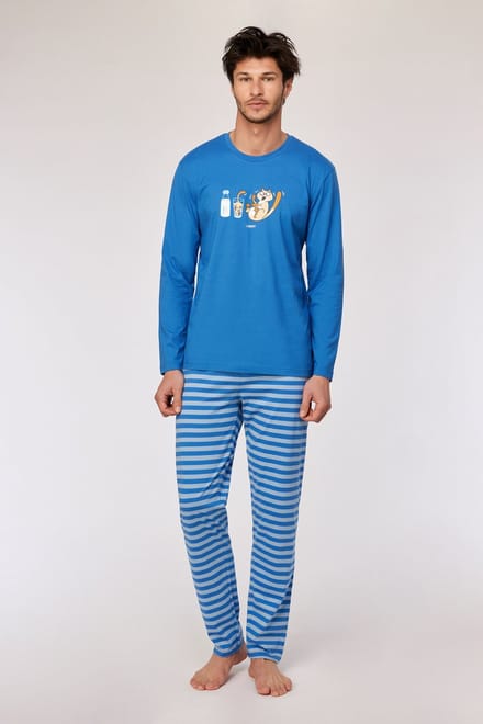Woody pyjama heren - kat - blauw - 252-10-PLS-S/879 - maat L
