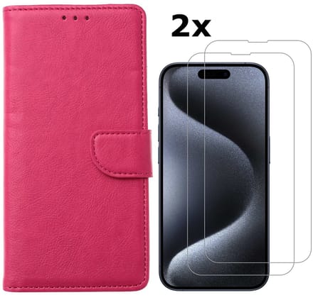 Hoesje Geschikt voor iPhone 15 Pro hoesje bookcase met 2x screenprotector – Roze