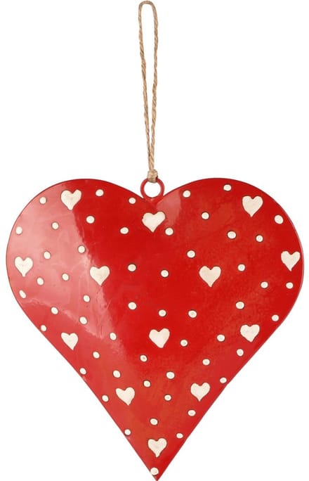 Dekoratief | Hanger hart 'Kerry Work', rood/wit, metaal, 12x1x12cm | A258155