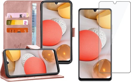 Hoesje geschikt voor Samsung Galaxy A42 - Screen Protector GlassGuard - Book Case Kunstleer Pasjeshouder Rosegoud & Screenprotector