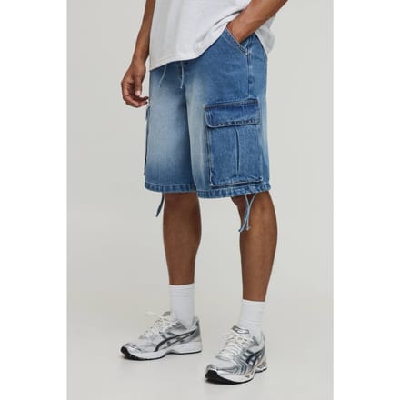 Baggy Applique Cargo Denim Shorts | Mid Blue | Size 60