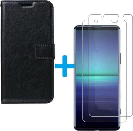 Sony Xperia 5 II hoesje book case zwart met 2 stuks Glas Screen protector
