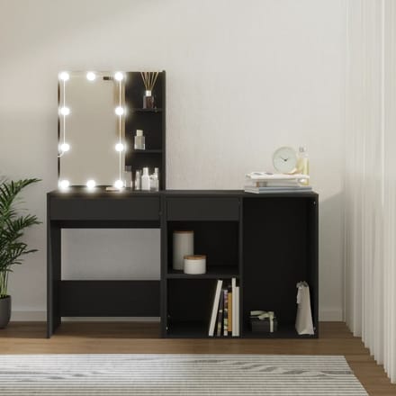 vidaXL - Kaptafel - met - kastje - LED - bewerkt - hout - zwart