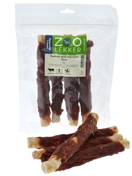Zoolekker Rawhide stick met eend 18 cm - hondensnack van buffelhuid en eend, per 4 stuks