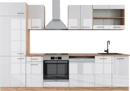 Vicco R-Line Complete keukeneenheid – 300 cm, WB Eik Wit hoogglans/goud power eiken
