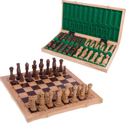 Luxe Houten Schaakspel Eiken - Inleg en Gesneden Figuren - 65x65 cm
