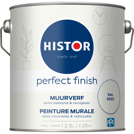 Histor Perfect Finish Muurverf Mat - Perfecte Dekking - Geurarm - 2.5L - RAL 9003 - Wit