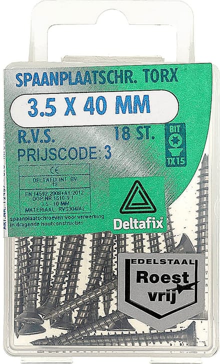 Deltafix spaanplaatschroef platkop / torx r.v.s. a2 3.5 x 40 mm 18 st.