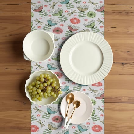 ABAKUHAUS bloemen tafelloper – Doodlekunst – 40×225 cm – wit/groen