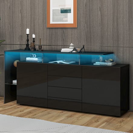Dressoir - 140x35x72 cm - Hoogglans met LED - Modern voor Woonkamer - Hout - Zwart