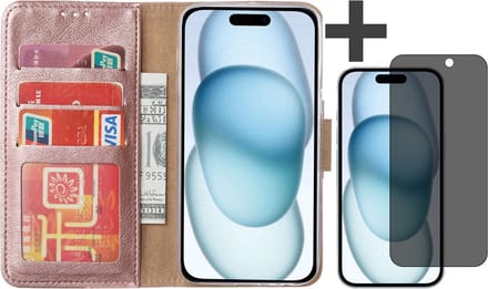Hoesje met Privacy Screenprotector Geschikt voor iPhone 15 Plus – Arara bookcase met pasjeshouder - Rosegoud
